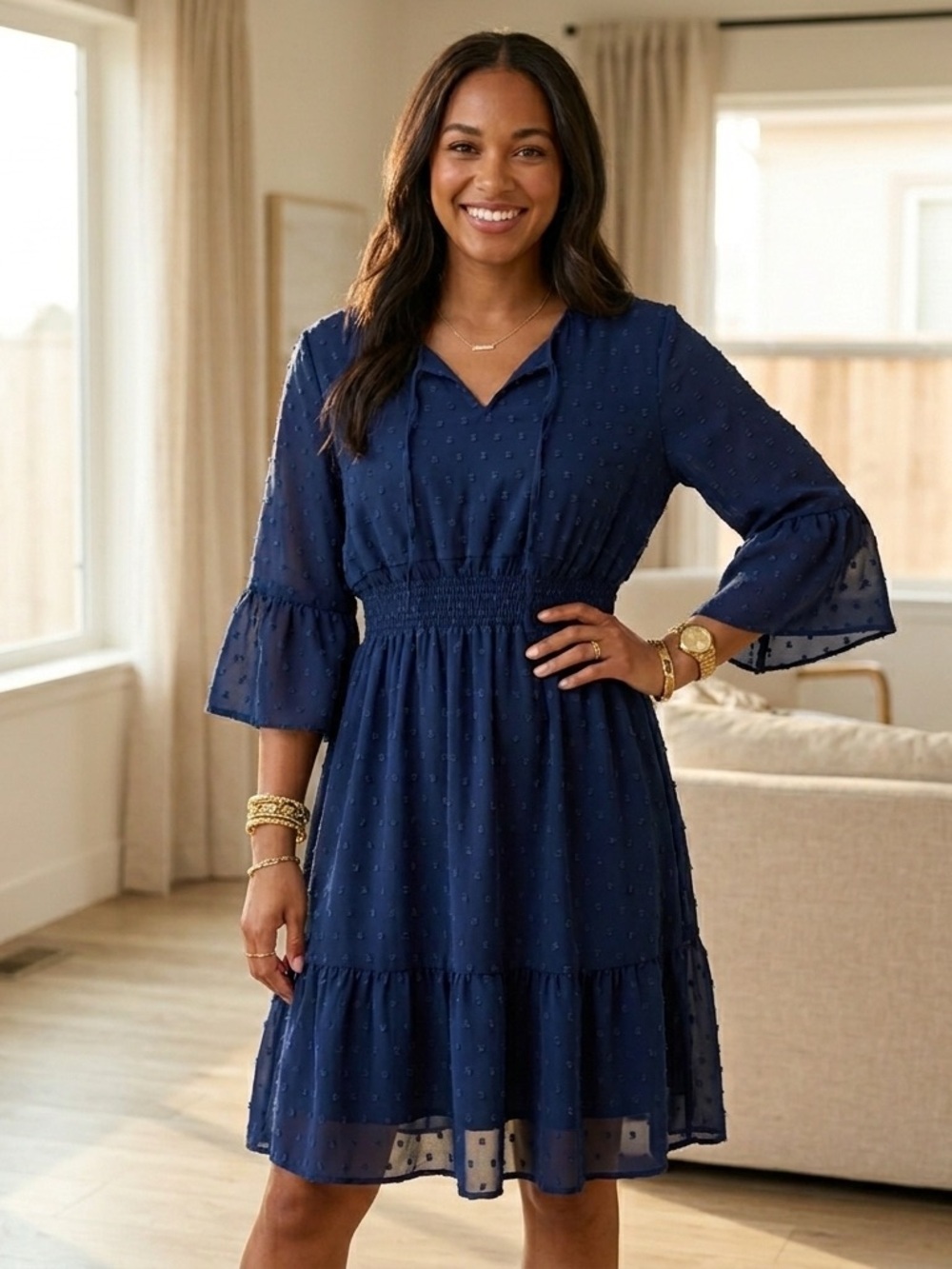 Navy Swiss Dot Midi Dress with Smocked Waist